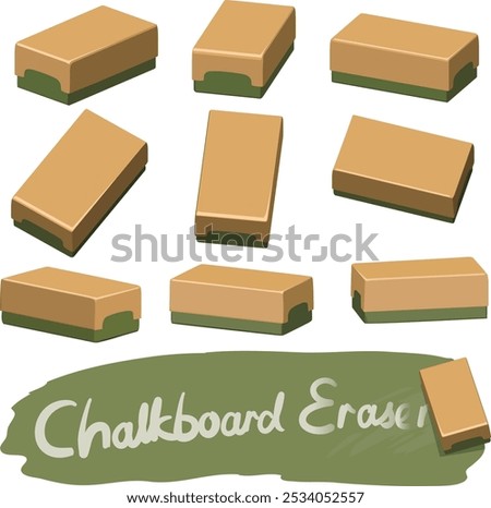 A chalkboard eraser displayed in different angles and isolated on a white background. It is also known as a blackboard eraser.