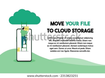 Move your file to cloud storage concept. Flat design people climb the ladder to cloud storage. Vector Illustration 