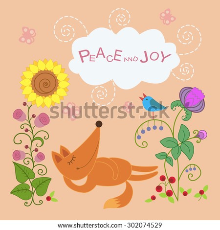 Peace and joy concept card with sleeping fox, singing blue bird,flying butterflies,flowers and berries.