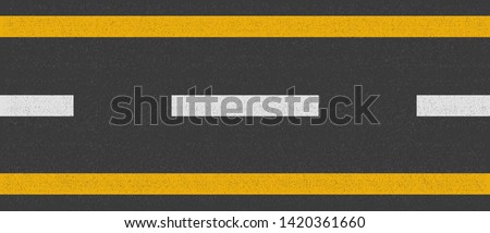 Asphalt road top view, seamless highway line texture marks, road yellow and white dotted marking, vector illustration