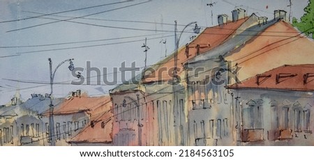 Watercolor city rooftops with ink outline. Vector cityscape design for hero header image. Urban landscape on watercolor background
