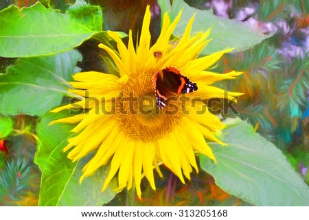 Sunflower with butterfly for background, label, sticker, wallpaper, screen, postcard, poster, invitation, wedding invitation, logo, decoration, fabric, cover, dress, greeting card, package, packaging