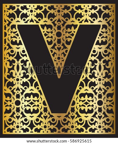 Stylized black letter V with gold ornament. Paper cut, wood cut.