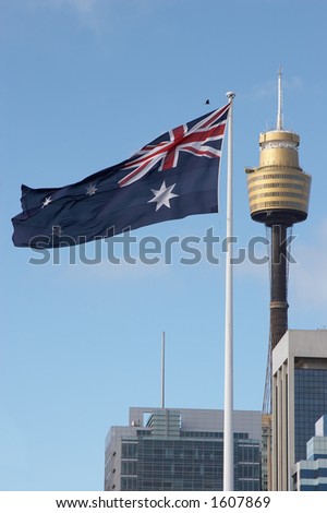 Australian flag and Centrepoint Tower - Sydney, Australia