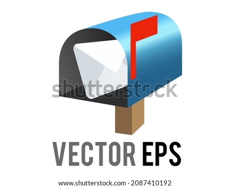 The isolated vector blue open mailbox, letterbox, postbox icon with red raised flag depicted in blue and white envelope