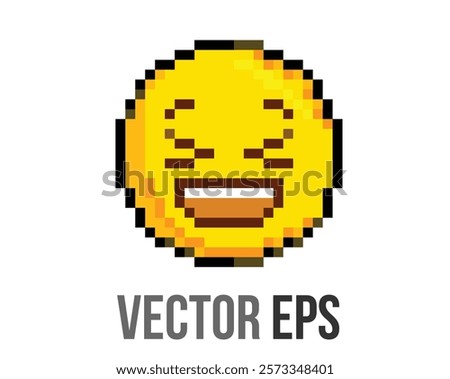 8 bits pixel art yellow grinning squinting face icon open smile, scrunched, X shaped eyes