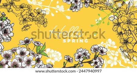 Cherry blossoms vector background. Hand drawn line art and fills of spring flowers. Vector file can be used for both online and print projects.
