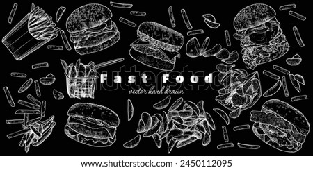 Vector hand drawn burgers, fries and wedges with lettuce, meat, bread bun, cheese, egg, bacon as ingredients. Easy to edit and use in your design.