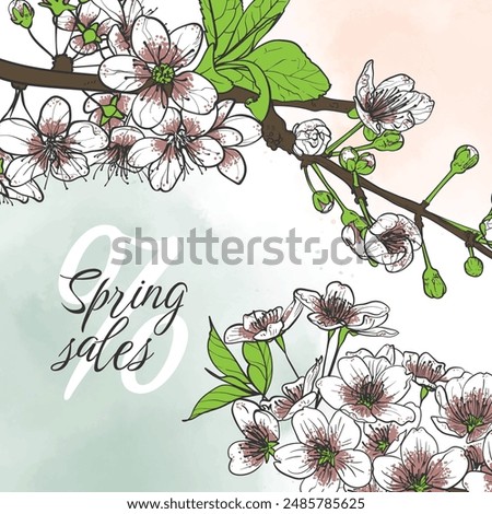 Hand drawn vector cherry blossoms flowers with spring sales text over watercolor background. Cherry Blossoms square template for social media visuals or cards and banners design. 