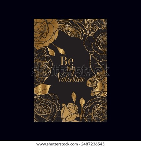 Hand drawn vector outline and fill roses background for Valentines card design. A4 format with roses bloom and buds with an elegant and luxurious golden color palette.