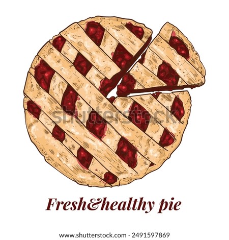 Hand drawn vector fruit pie. Top view of a fresh pie wheel and slice with stripe crust and fruit filling. Easy to edit and use vector food assets. 