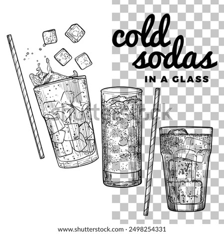 Hand drawn vector soda glasses with sparkling soft drink, ice cubes, straw, sparkles. Easy to edit beverages. Drinks assets ready to use and easy to edit. Black outline, no fill, with fine details. 