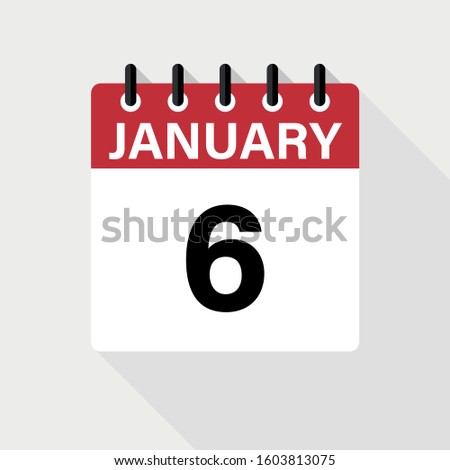 January 6 - Calendar Icon. Calendar Icon with shadow. Flat style. Date, day and month.