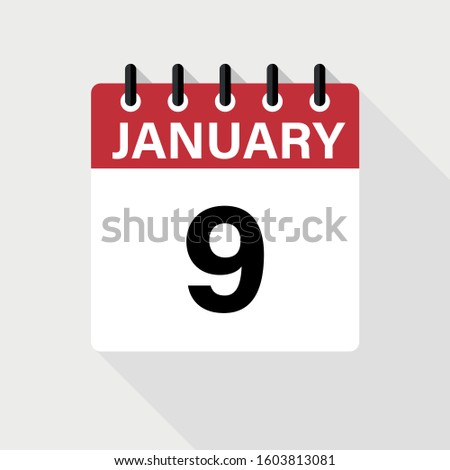 January 9 - Calendar Icon. Calendar Icon with shadow. Flat style. Date, day and month.