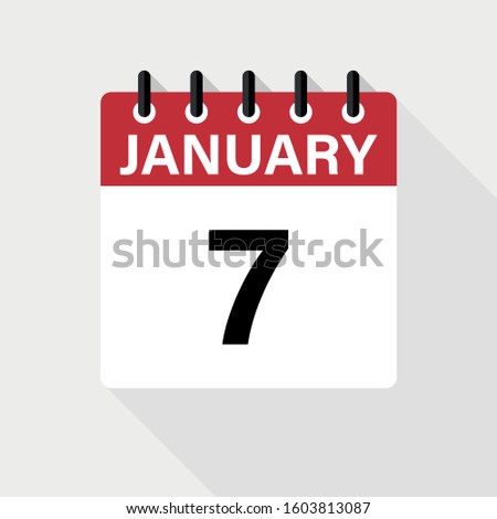 January 7 - Calendar Icon. Calendar Icon with shadow. Flat style. Date, day and month.