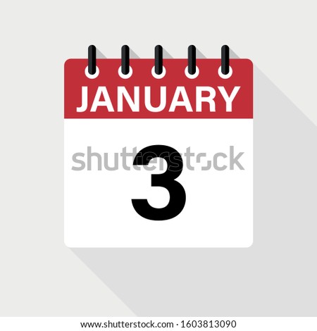 January 3 - Calendar Icon. Calendar Icon with shadow. Flat style. Date, day and month.