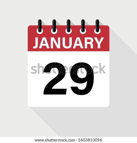 January 29 - Calendar Icon. Calendar Icon with shadow. Flat style. Date, day and month.