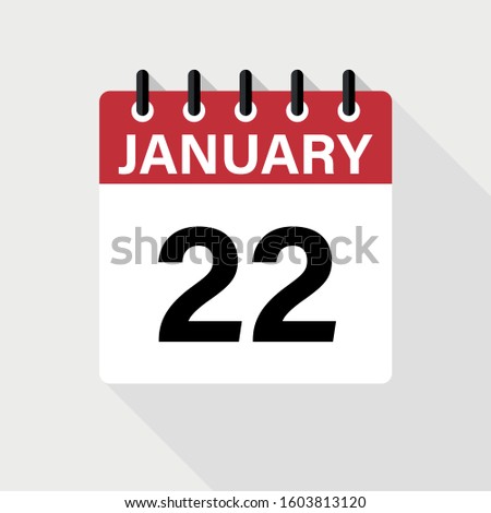 January 22 - Calendar Icon. Calendar Icon with shadow. Flat style. Date, day and month.