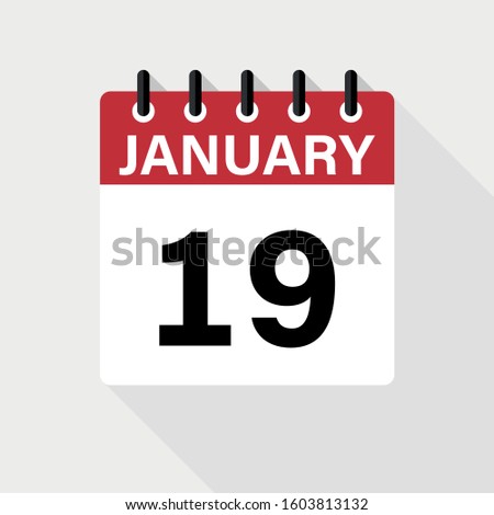 January 19 - Calendar Icon. Calendar Icon with shadow. Flat style. Date, day and month.