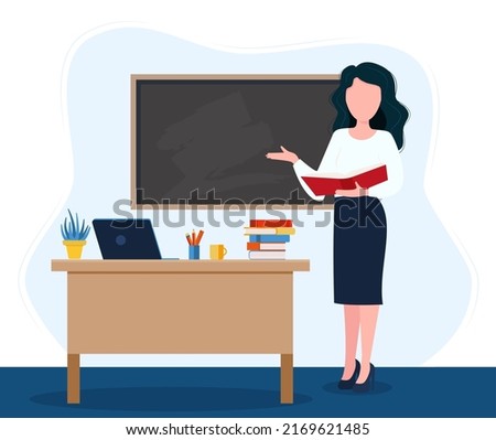 Female teacher in classroom. Smiling woman teacher standing by blackboard or chalkboard in the classroom. School and learning concept, teacher s day. Cute vector illustration in flat cartoon style.