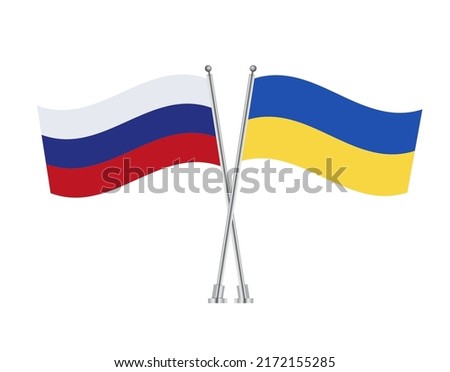 Russia and Ukraine Flag with Metal Pole Isolated on White Background. Editable Flat Vector Illustration. eps 10