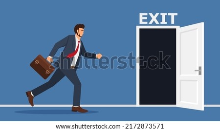 Quit routine job, leaving or escape way for business dead end to be success or exit from work difficulties concept, businessman worker in suit running in hurry to emergency door with the sign exit. 