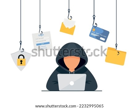 Hacker vector concept: Unknown man stealing data from the email while using laptop eps 10