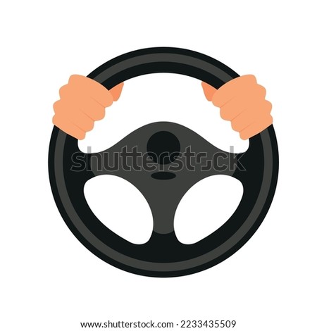 Steering wheel icon. Hands on steering wheel. Driver. Driving car. Test drive. Landing page driving lessons.Vector icon isolated on background. Eps 10