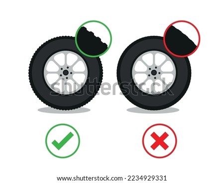 Check tire thread depth flat illustration. Auto tire change service. Good and worn tire. Control car wheel condition. Simple flat vector illustration for web site or mobile app. eps 10