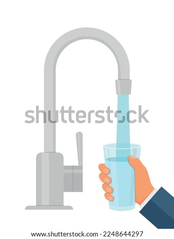 Water tap with glass. Filling cup beverage. Vector illustration. Eps 10.