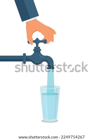 Hand opens or closes a water tap, save water,concept of eco and world water day. eps 10