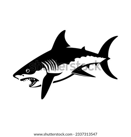 Vector illustration of a black silhouette shark. Isolated white background. Icon fish shark side view profile.