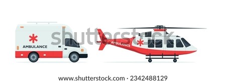 Ambulance helicopter and ambulance car. air and ground transportation to transport injured and sick people to the hospital. Isolated objects on white background. Vector illustration.