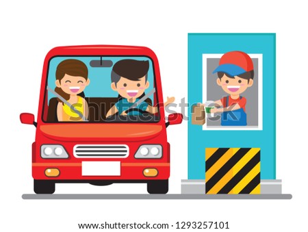 Stickman Illustration of a Family Getting Food at a Drive Thru Restaurant - Vector