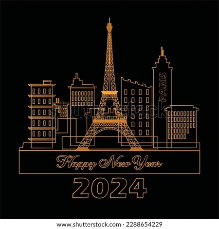 Happy new year Paris city architecture silhouette golden illustration isolated over black background