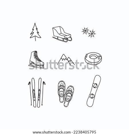 Outdoors winter sports snow activities amusement icon set collection, hand drawn doodle simple line vector illustrations, equipments ice skate snowboard ski sled snow shoe pictogram ice symbol holiday