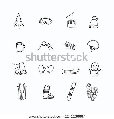 Outdoors winter sports snow activities complete icon set collection, hand drawn doodle simple line vector illustrations, equipments ice skate snowboard ski sled snow shoe pictogram ice symbol holiday