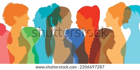 Female community or social network. Group of diverse and multicultural women. The concept of racial equality. Sharing, talking, and allies between women.