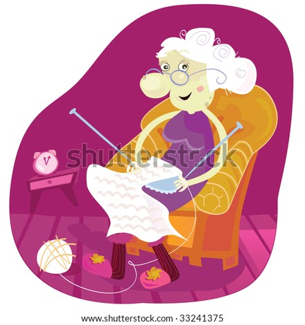 Grandmother. Gradmother Sitting In Armchair And Knitting. Vector ...