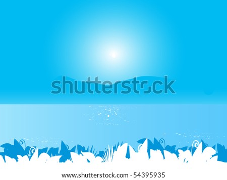 Blue sea landscape background with plant leafs. Stylized vector Illustration of sea landscape.