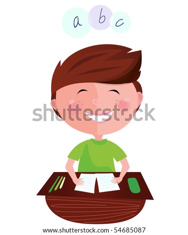 Back To School: Happy Smiling Learning Boy On English Lesson. Cartoon ...