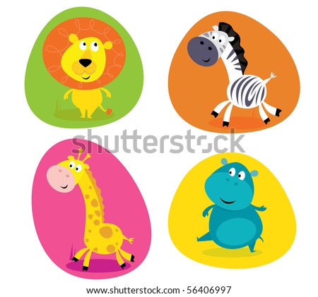 Cute safari animals set - lion, zebra, giraffe and hippo Vector Illustration of four cute wild animals buttons - lion, zebra, giraffe and hippo