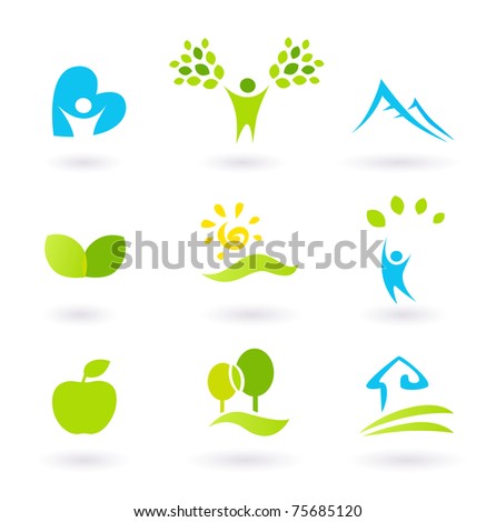 Icons set or graphic elements inspired by nature and life. Landscape, hills, people, leaves and organic living. Vector Illustration.