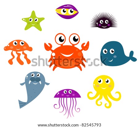 Sea creatures and animals vector icons isolated on white Underwater creatures and animals set. Vector cartoon Illustration.