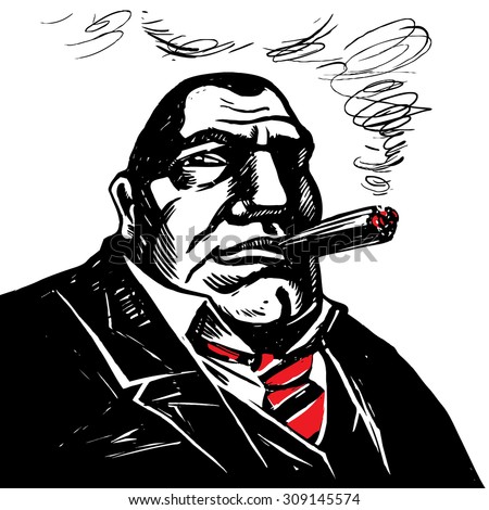 Gangster boss with cigar. Engraved style. Vector.