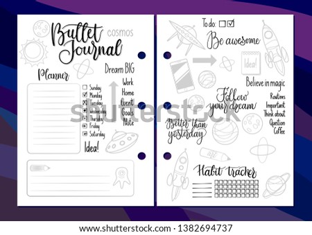 Bullet Journal monochrome set: planner and organiser elements and cosmic objects icons: rockets, ufo, planets. Plus handwritten calligraphy elements and motivational phrases, weekdays and checkboxes. 