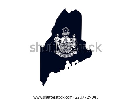 Map of the state of Maine with its official flag. Map of the US state isolated on white background. Vector illustration