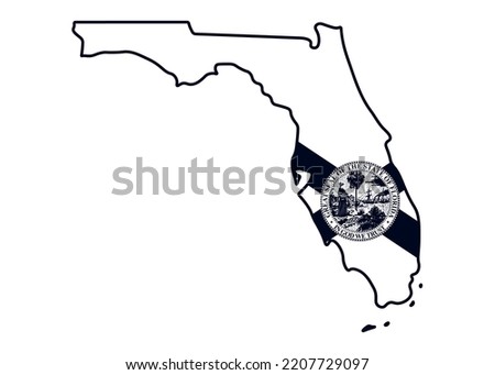 Map of the state of Florida with its official flag. Map of the US state isolated on white background. Vector illustration