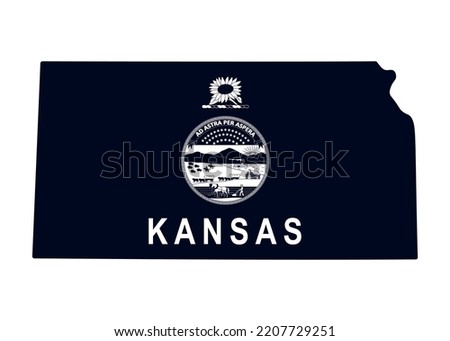 Map of the state of Kansas with its official flag. Map of the US state isolated on white background. Vector illustration