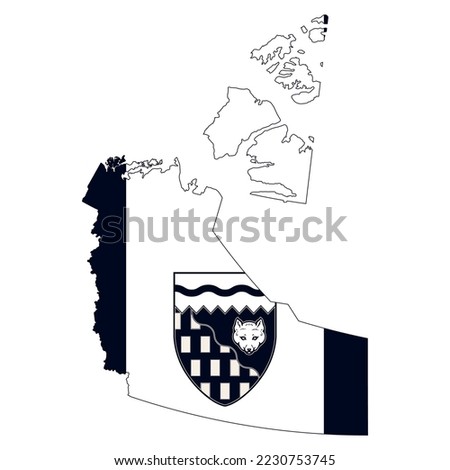The map of the Northwest Territories with its official flag in black and white color isolated on white background. Vector illustration